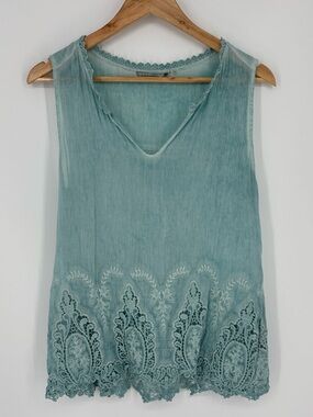 Soft Surroundings Silk Cotton Blend Embroidered Teal Tank Top Women’s Size Med*